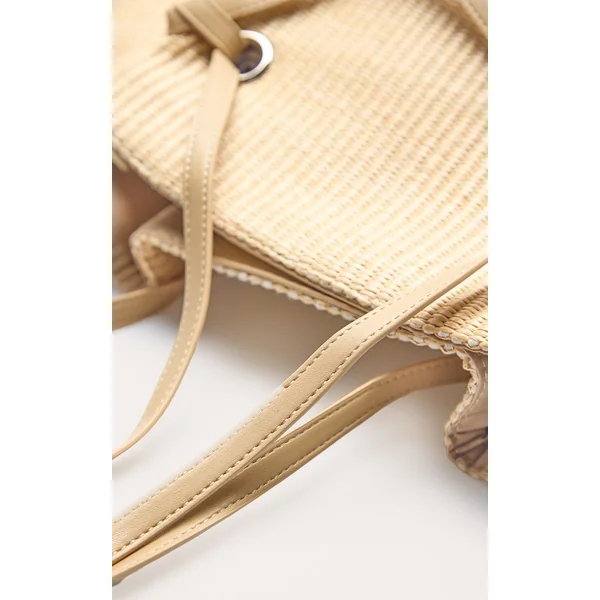 Non Coloré Sac De Plage En Raphia Contrasté Avec Cordon De Serrage