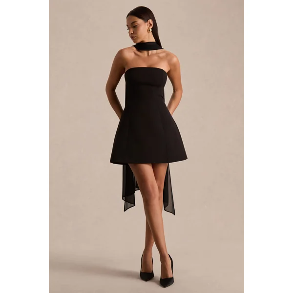 Noor | Mini-robe noire à encolure bandeau avec détail écharpe