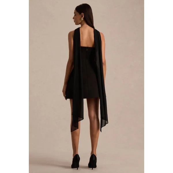 Noor | Mini-robe noire à encolure bandeau avec détail écharpe