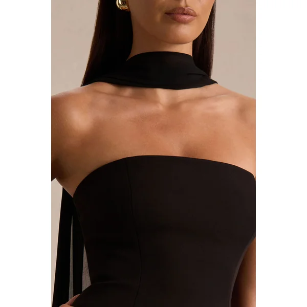 Noor | Mini-robe noire à encolure bandeau avec détail écharpe