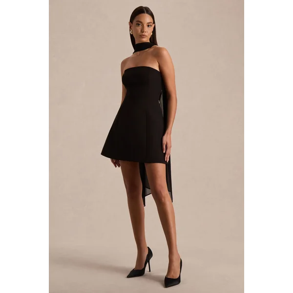 Noor | Mini-robe noire à encolure bandeau avec détail écharpe