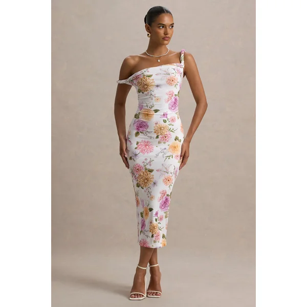 Nora | Robe Mi-Longue Asymétrique Torsadée à Imprimé Floral Blanc