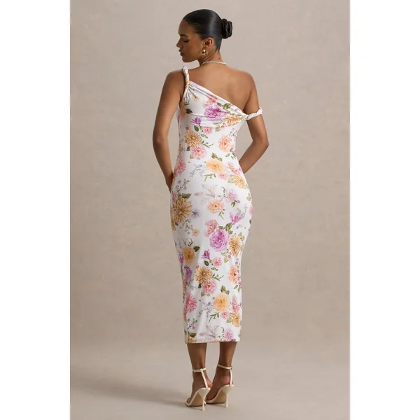 Nora | Robe Mi-Longue Asymétrique Torsadée à Imprimé Floral Blanc