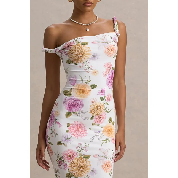 Nora | Robe Mi-Longue Asymétrique Torsadée à Imprimé Floral Blanc
