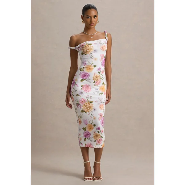 Nora | Robe Mi-Longue Asymétrique Torsadée à Imprimé Floral Blanc