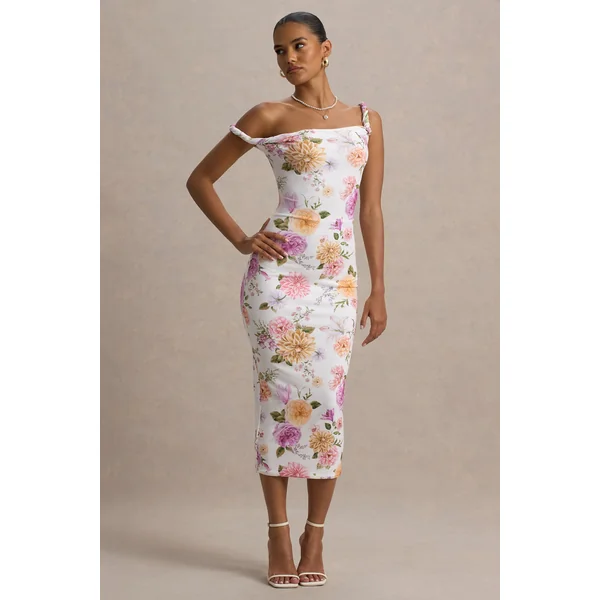 Nora | Robe Mi-Longue Asymétrique Torsadée à Imprimé Floral Blanc