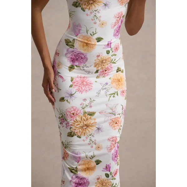 Nora | Robe Mi-Longue Asymétrique Torsadée à Imprimé Floral Blanc