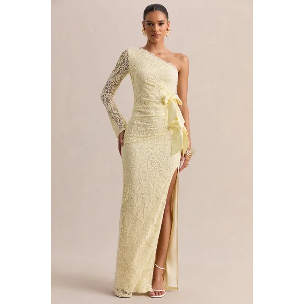 Norna | Robe longue en dentelle citron à encolure asymétrique avec détail ajouré et détails nœud