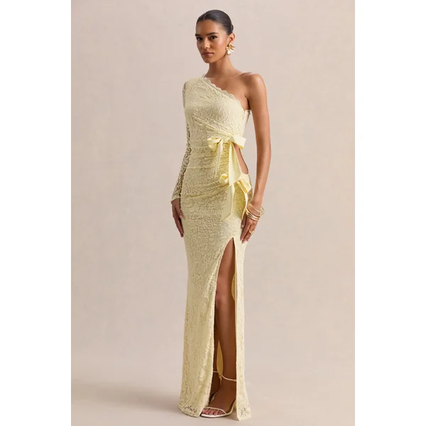 Norna | Robe longue en dentelle citron à encolure asymétrique avec détail ajouré et détails nœud