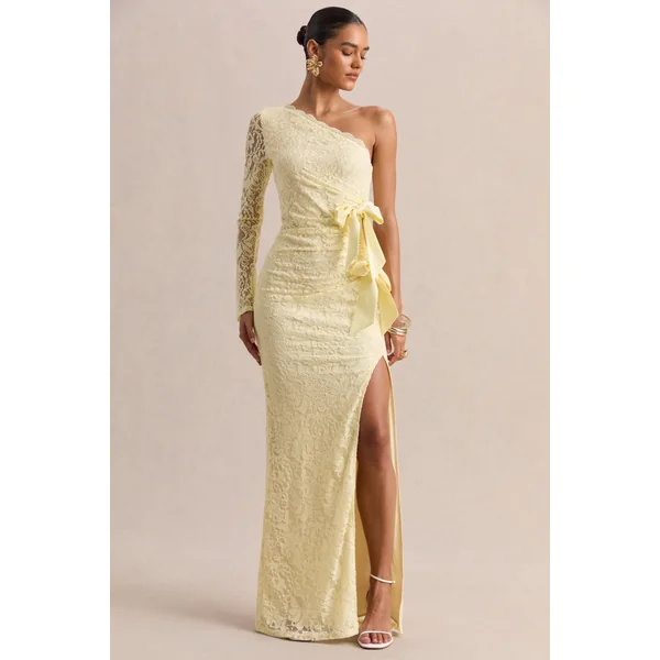 Norna | Robe longue en dentelle citron à encolure asymétrique avec détail ajouré et détails nœud