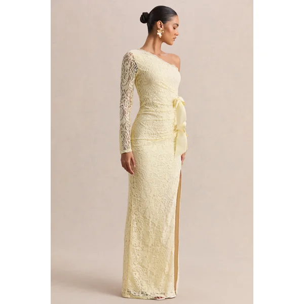 Norna | Robe longue en dentelle citron à encolure asymétrique avec détail ajouré et détails nœud