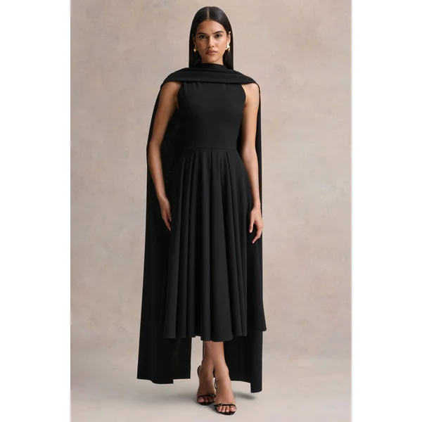 Nova | Robe mi-longue noire à col montant avec manches cape