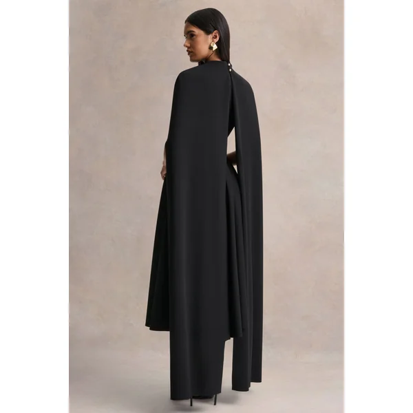 Nova | Robe mi-longue noire à col montant avec manches cape