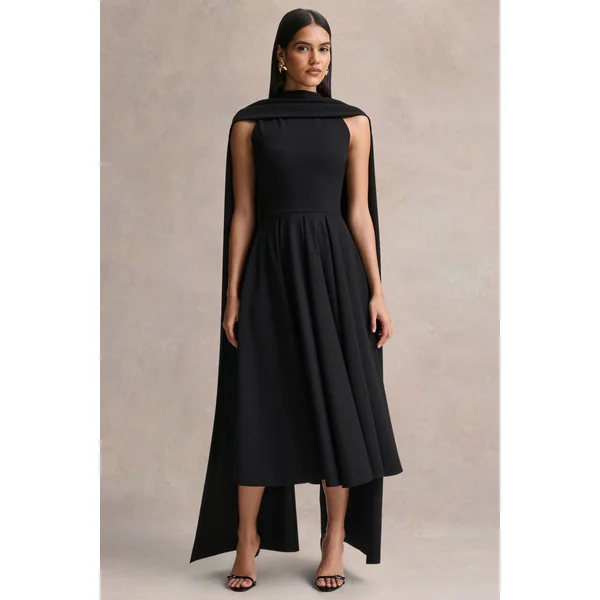 Nova | Robe mi-longue noire à col montant avec manches cape
