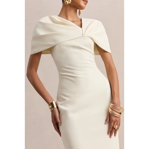 Novalie | Robe mi-longue crème à décolleté en V avec détail torsadé