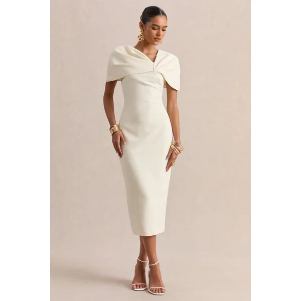 Novalie | Robe mi-longue crème à décolleté en V avec détail torsadé