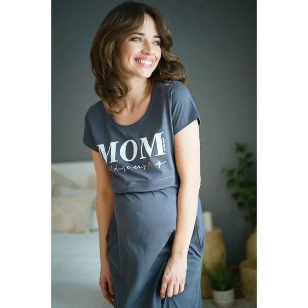 Nuisette de grossesse et d'allaitement mi-longue en coton oeko-tex - Anthracite/Rose