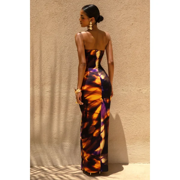 Nyra | Robe longue à imprimé fumé décolleté cœur et fronces flatteuses
