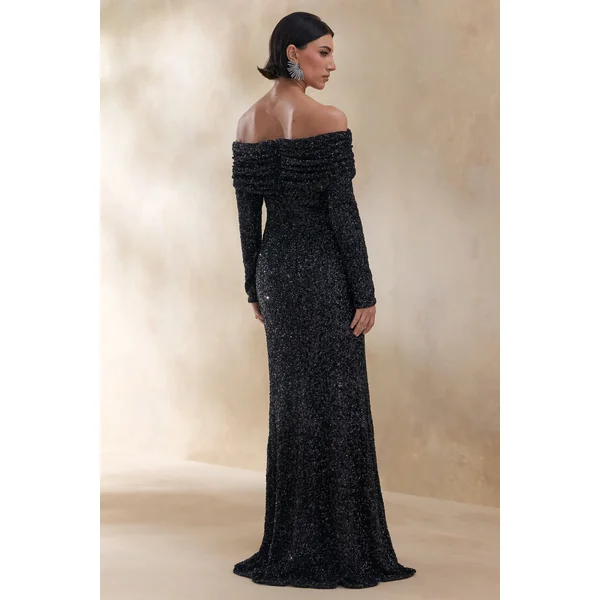 Obsession | Robe longue bardot en sequins noirs avec manches longues
