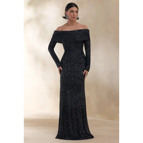 Obsession | Robe longue bardot en sequins noirs avec manches longues