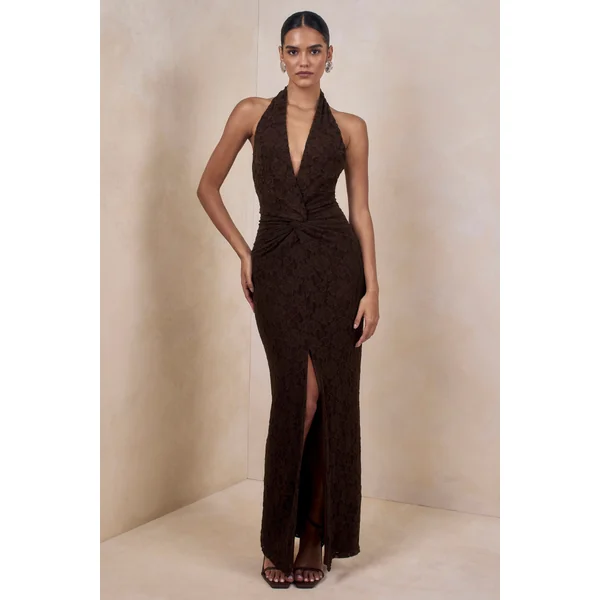 Ocealla | Robe longue marron à décolleté plongeant avec détails froncés