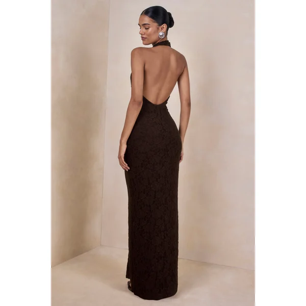 Ocealla | Robe longue marron à décolleté plongeant avec détails froncés