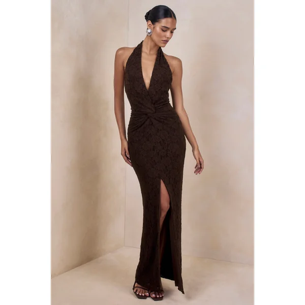 Ocealla | Robe longue marron à décolleté plongeant avec détails froncés