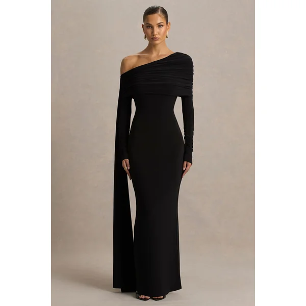 Octavia | Robe longue noire à décolleté bardot avec cape et détails froncés