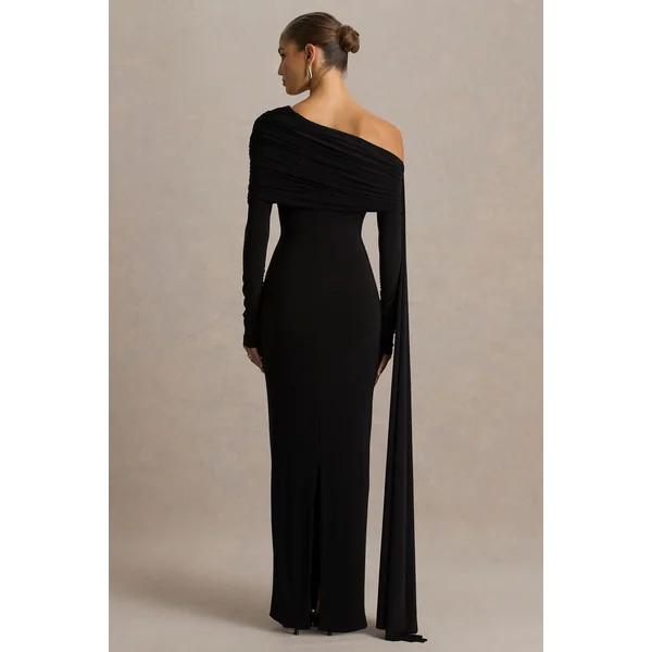 Octavia | Robe longue noire à décolleté bardot avec cape et détails froncés