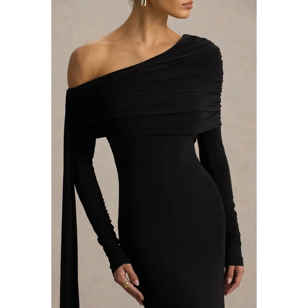 Octavia | Robe longue noire à décolleté bardot avec cape et détails froncés