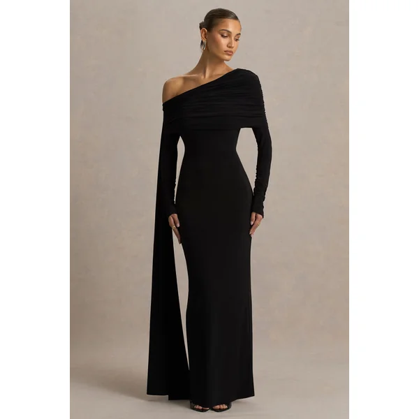 Octavia | Robe longue noire à décolleté bardot avec cape et détails froncés