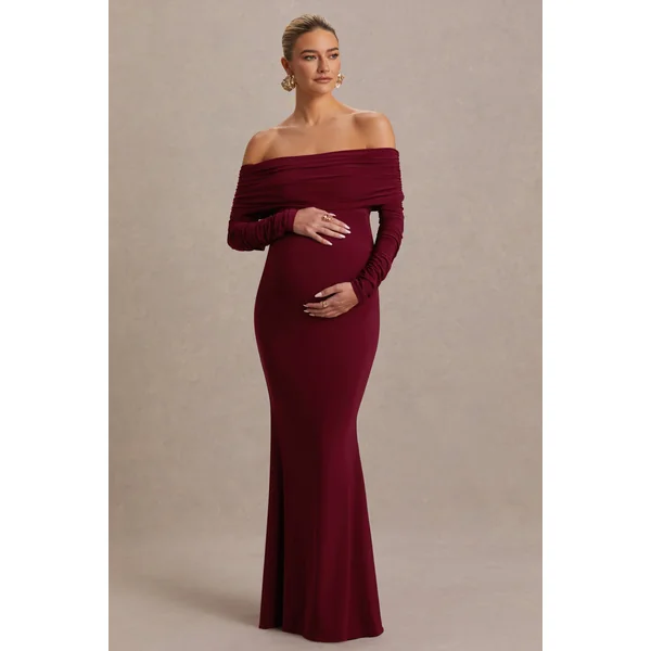 Odessa | Robe longue de maternité couleur baie à encolure bardot et détails froncés