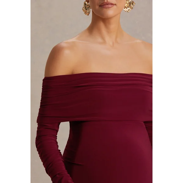 Odessa | Robe longue de maternité couleur baie à encolure bardot et détails froncés