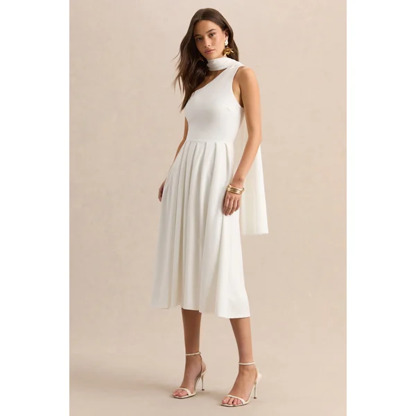 Odette | Robe mi-longue blanche à encolure asymétrique avec écharpe