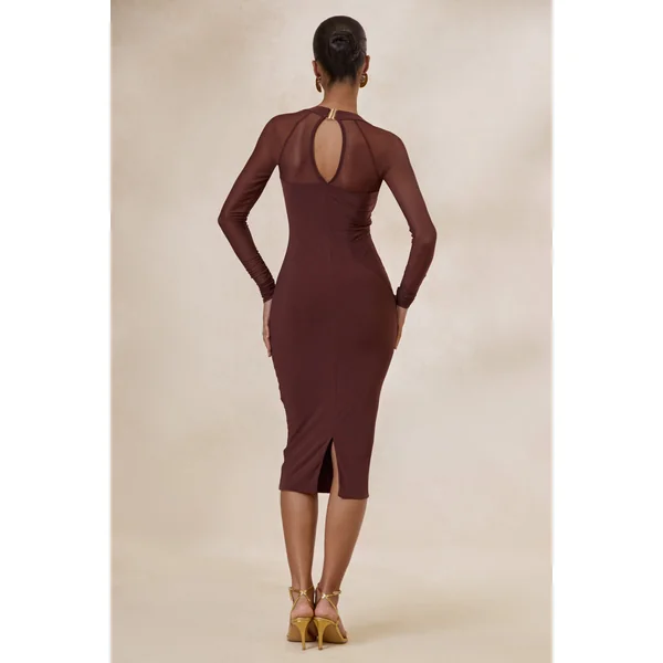 Off Track | Robe mi-longue marron près du corps avec manches en mesh