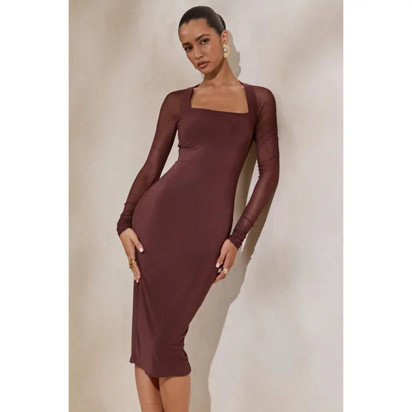 Off Track | Robe mi-longue marron près du corps avec manches en mesh