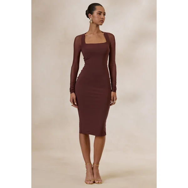 Off Track | Robe mi-longue marron près du corps avec manches en mesh