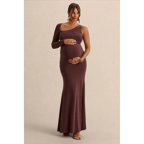 Oh Baby | Robe longue de grossesse marron moulante à une épaule
