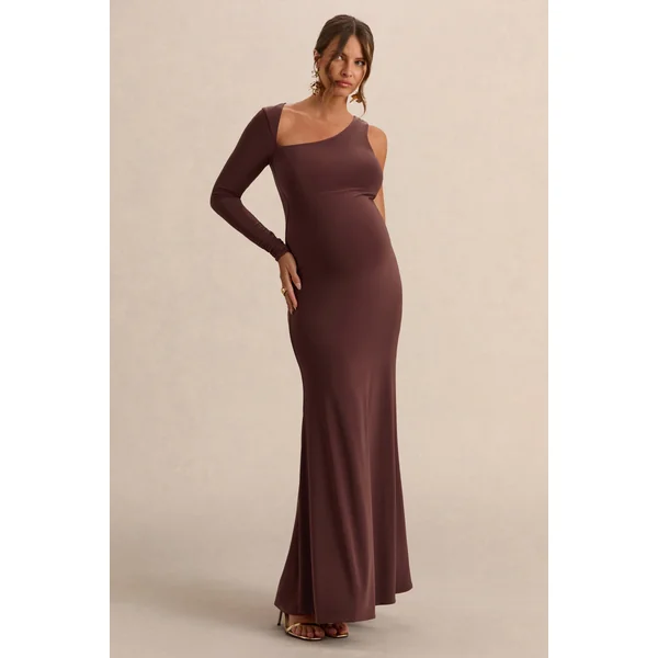Oh Baby | Robe longue de grossesse marron moulante à une épaule
