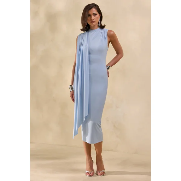Oleandra | Robe mi-longue bleu clair à encolure haute avec détail drapé