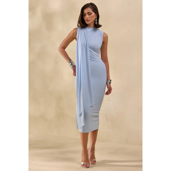 Oleandra | Robe mi-longue bleu clair à encolure haute avec détail drapé