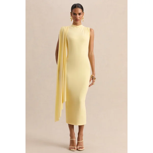 Oleandra | Robe mi-longue citron à encolure haute avec détail drapé