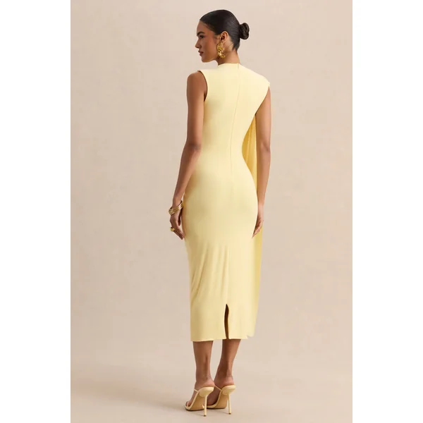 Oleandra | Robe mi-longue citron à encolure haute avec détail drapé