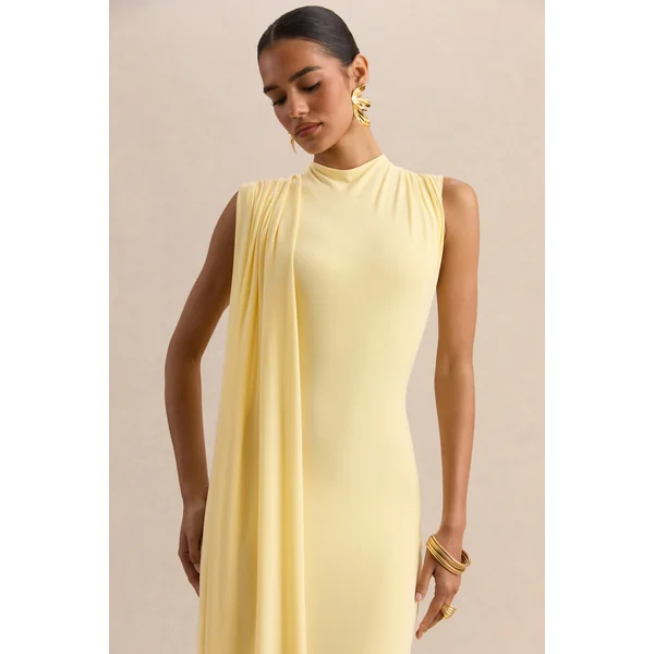 Oleandra | Robe mi-longue citron à encolure haute avec détail drapé