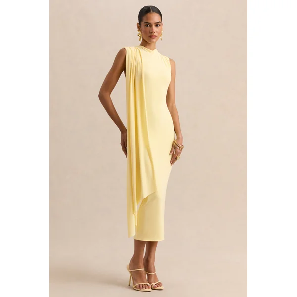Oleandra | Robe mi-longue citron à encolure haute avec détail drapé