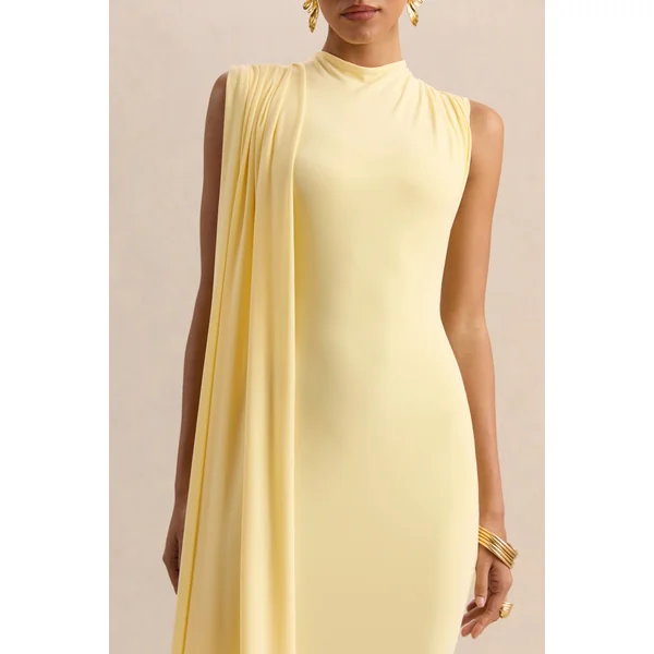 Oleandra | Robe mi-longue citron à encolure haute avec détail drapé