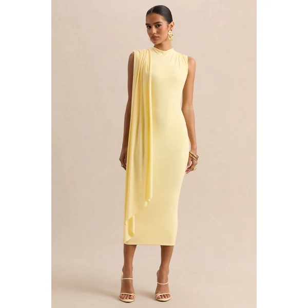 Oleandra | Robe mi-longue citron à encolure haute avec détail drapé