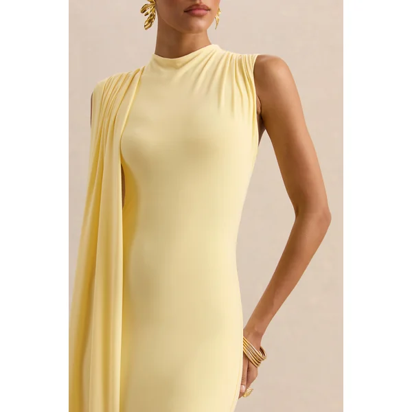 Oleandra | Robe mi-longue citron à encolure haute avec détail drapé