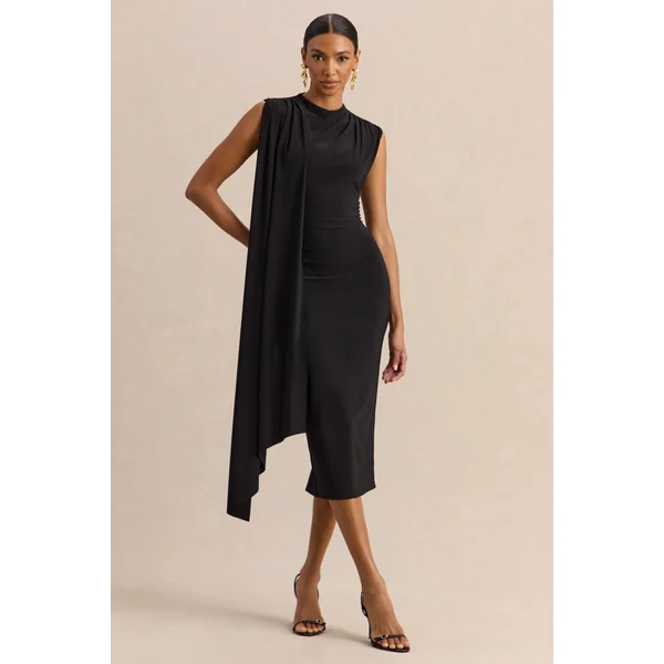 Oleandra | Robe mi-longue noire à encolure haute avec détail drapé