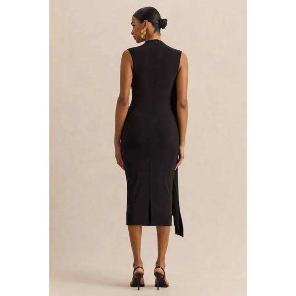 Oleandra | Robe mi-longue noire à encolure haute avec détail drapé